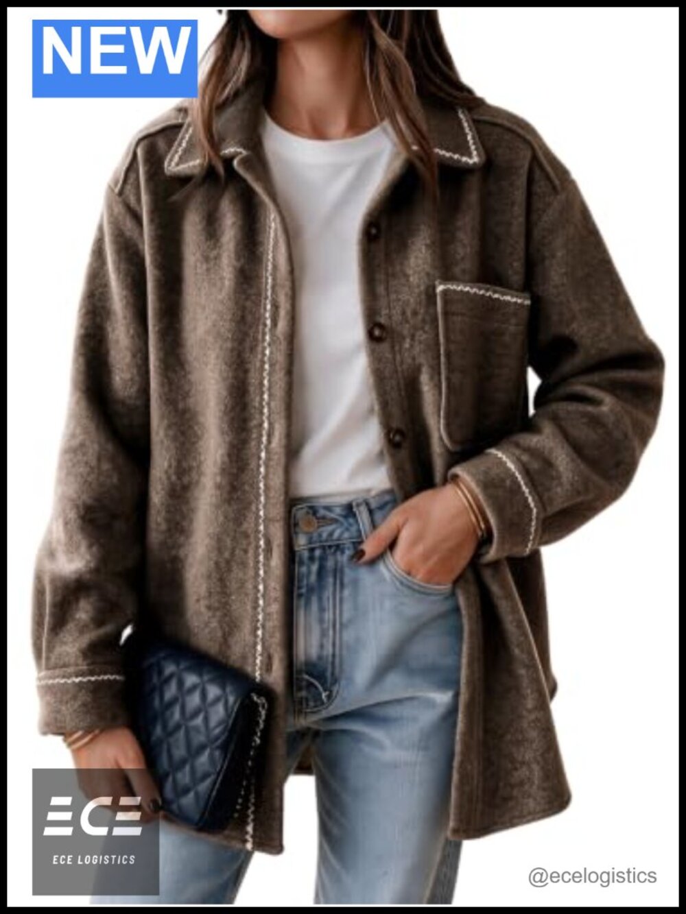 Oversized Wool Blend Shacket Button Front Chest Pockets Fall Casual Jacket